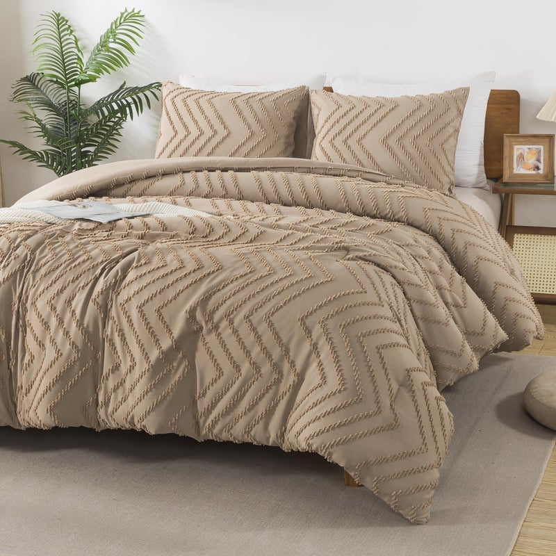 Andency Taupe Comforter Set Full Size, Boho Soft Warm Tufted Bedding Comforter Sets for Full Size Bed, 3 Pieces Aesthetic Chevron Farmhouse Cute Bohemian Textured Bed Set - Image 3